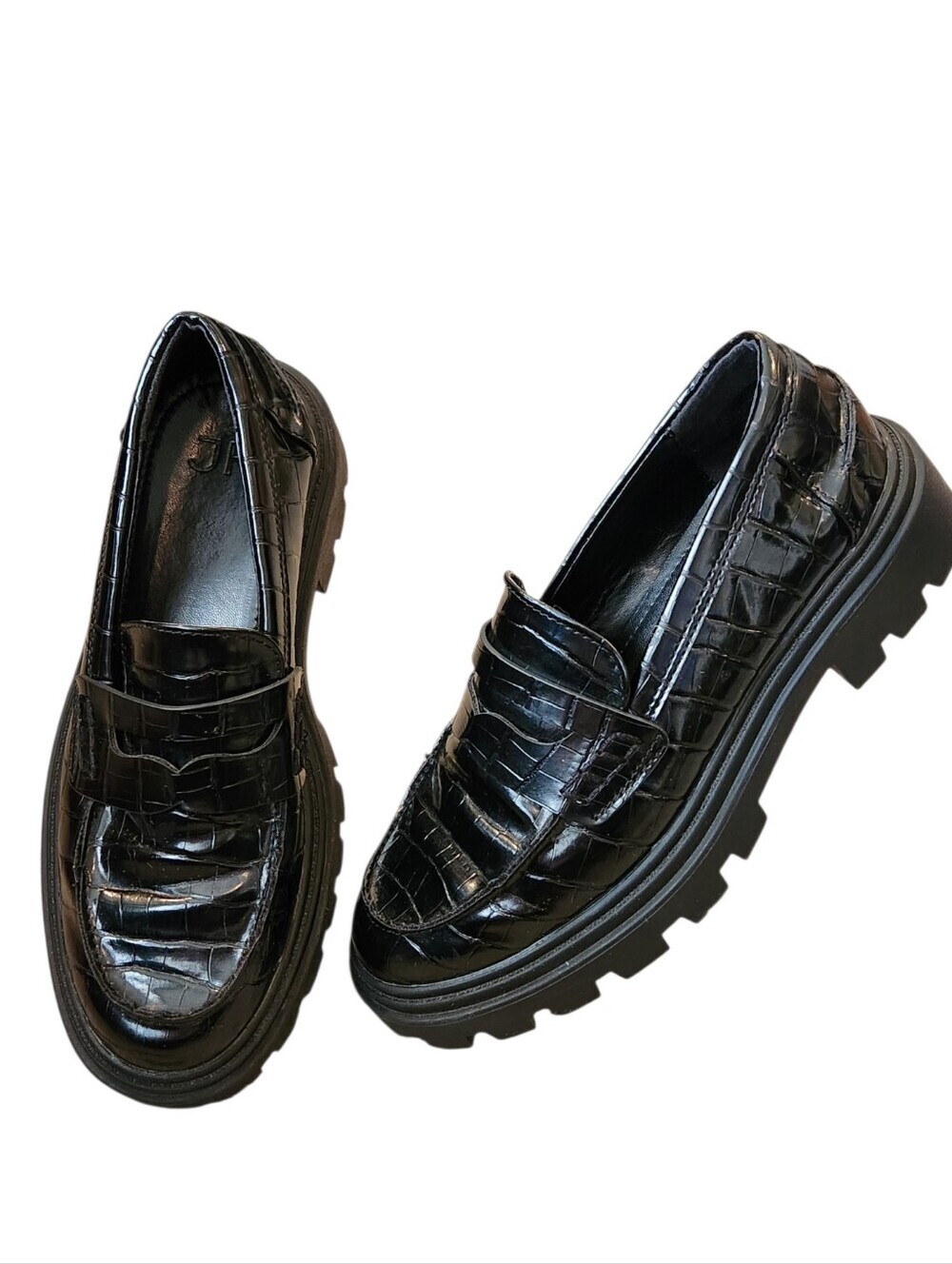 JF Colette Black Croc Embossed Lug Sole Loafers Size 6.5 Chunky Vegan Leather